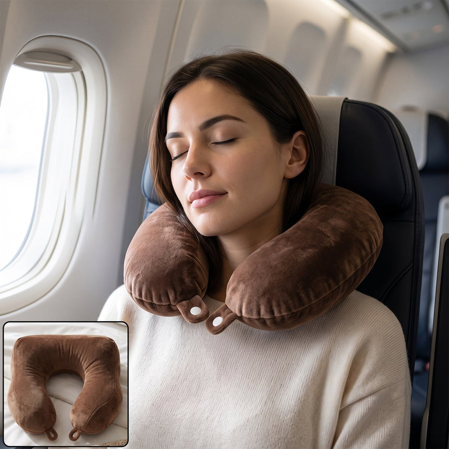 U Shaped Soft Travel Neck Pillow Brown Plush Head Neck Support (1 Pc)