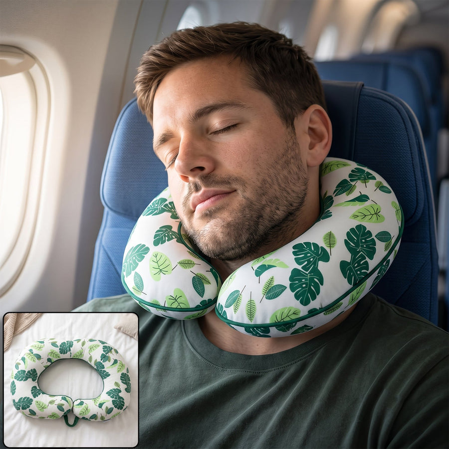 U Shaped Neck Pillow Green Leaf Print Travel Pillow Soft Head Support (1 Pc)