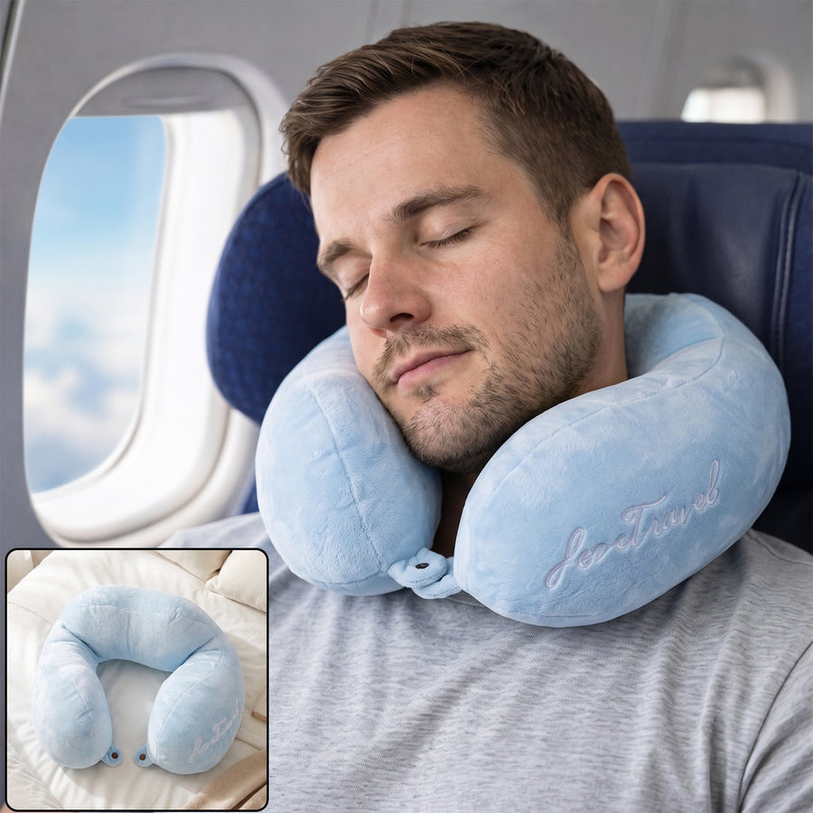 U Shaped Soft Travel Neck Pillow Blue Plush Head Neck Support Cushion (1 Pc)