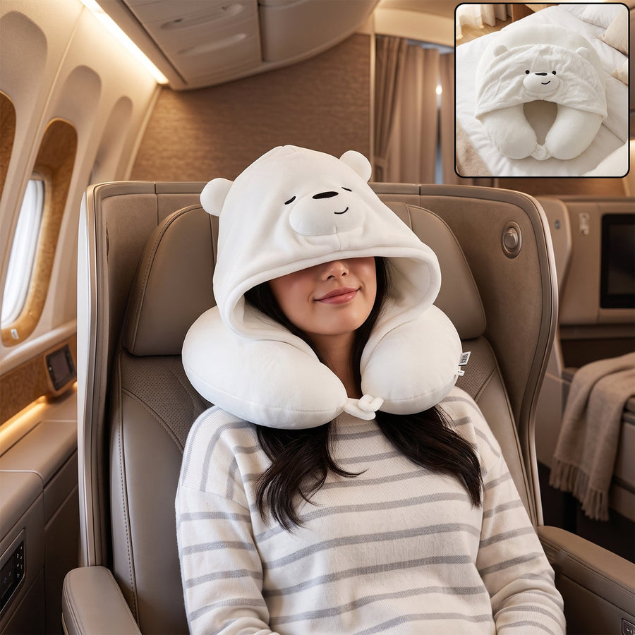 U Shaped Hooded Neck Pillow White Bear Travel Pillow with Hood Cap (1 Pc)