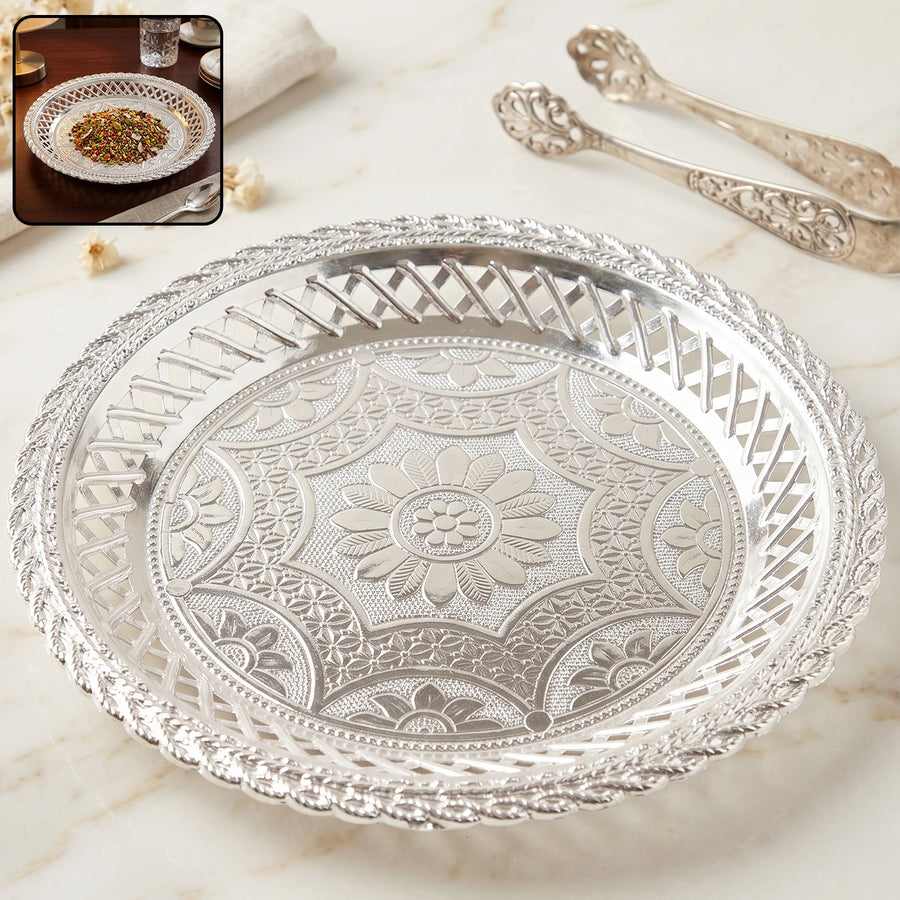 Decorative Silver Serving Tray – Elegant Round Floral Design