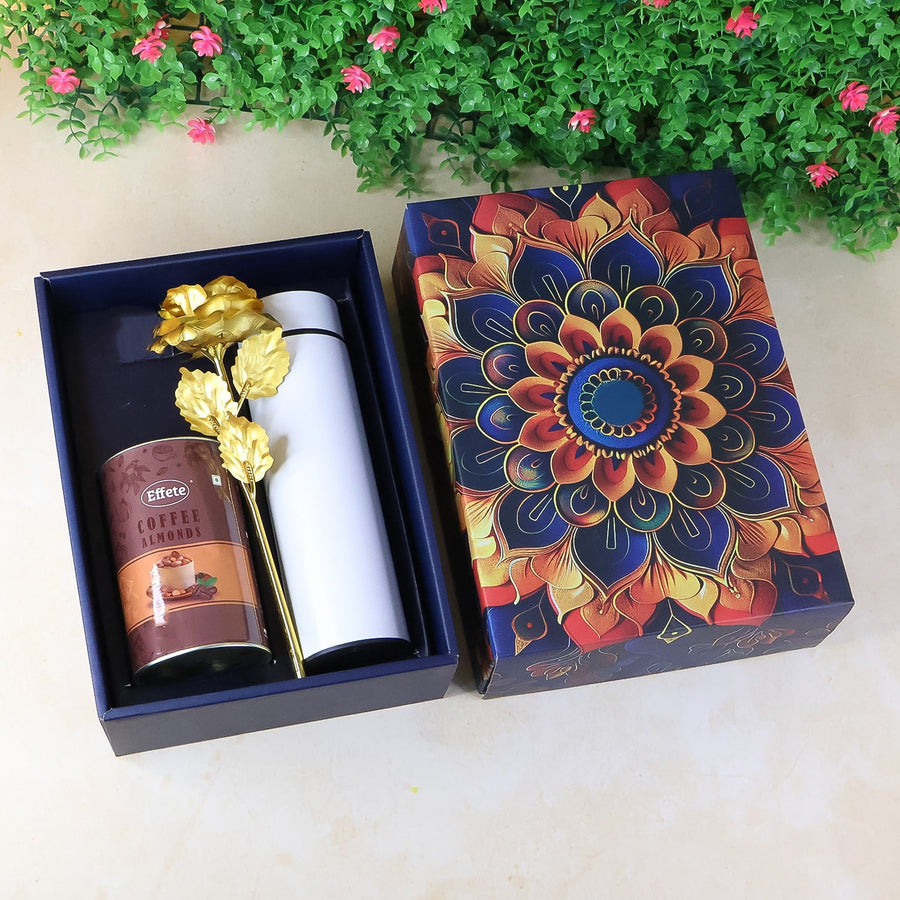 Coffee Almonds Gift Hamper – Golden Rose & Stainless Steel Bottle