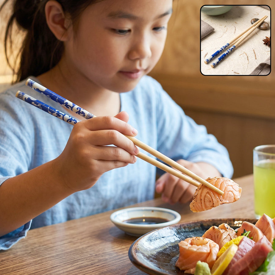 Reusable Bamboo Chopsticks with Blue Chinese Print Design (2 Pc)