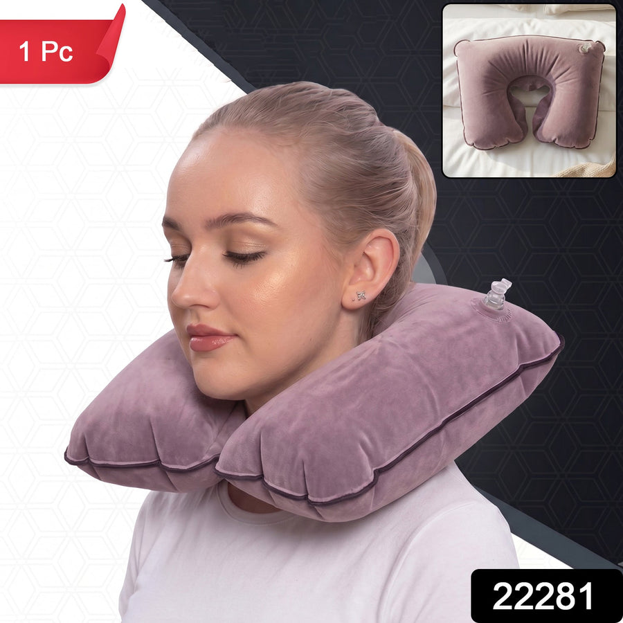 Inflatable U Shape Velvet Travel Neck Pillow for Flight Rest (1 Pc)