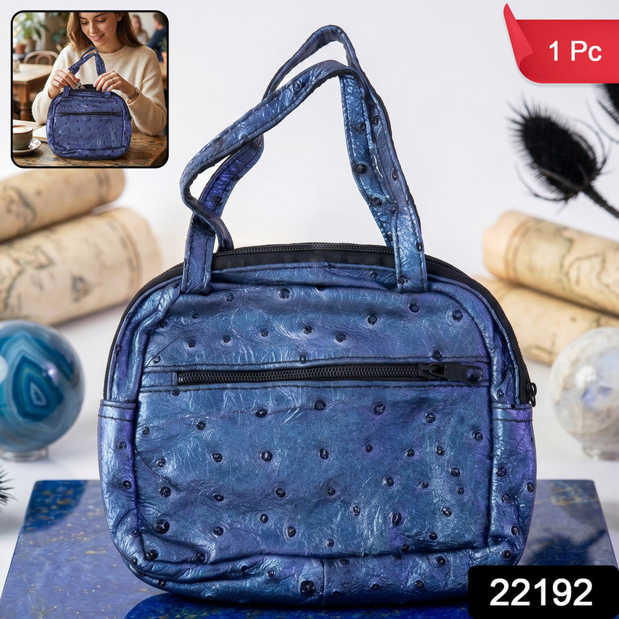 Mini Zipper Handbag – Metallic Blue Ostrich Pattern for Women